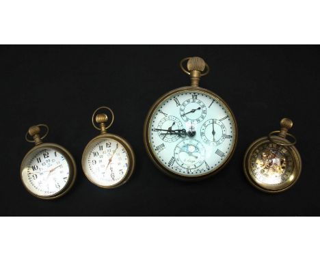 A large modern 8 day ball clock with calendar dials and moonphase, together with three smaller ball clocks. (4)