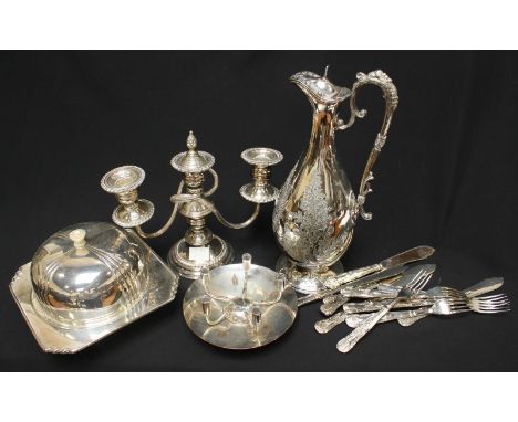A silver-plated muffin dish and cover, candelabra, five-light candlestick and flatware etc.