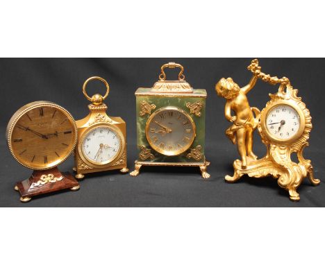 Four small decorative bedside clocks, including a drum clock by Imhof, and an ormolu clock by Angelus. (5)