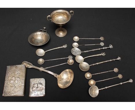 A William IV silver fiddle and reed pattern sauce ladle together with an art nouveau silver tea strainer by A.E. Jones, small