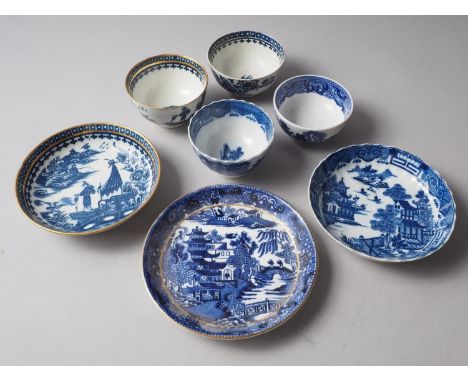 A 19th century Caughley blue and white tea bowl and saucer with "Fisherman" pattern decoration and gilt borders, a Pearlware 