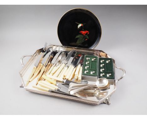 A silver plated two-handled tray, 24" wide, a Japanese lacquered plate, 12" dia, and a small quantity of flatware 