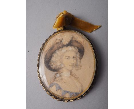 A late 18th century watercolour portrait miniature of an unknown woman with pearl necklace, 2 1/2" x 2", in yellow metal fram