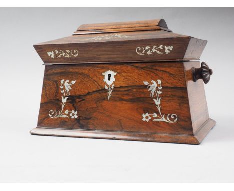 An early 19th century rosewood and mother-of-pearl inlaid sarcophagus tea caddy, 10" wide 