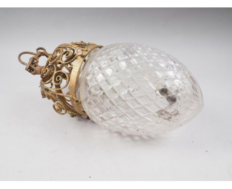 A cut glass and wrought metal framed ceiling light pendant, 14" high 