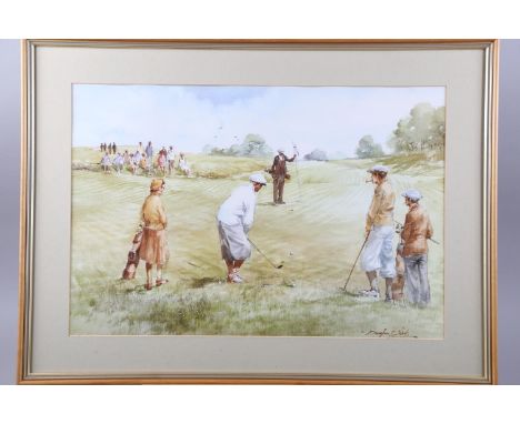 Douglas E West: three prints depicting sporting scenes, including golf, horse racing and cricket, a print of a winter scene w