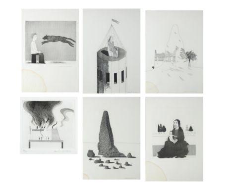 David Hockney OM CH RA, British b. 1937-Six Fairy Tales from The Brothers Grimm Series, 1969;six monochrome etchings on Hodgk