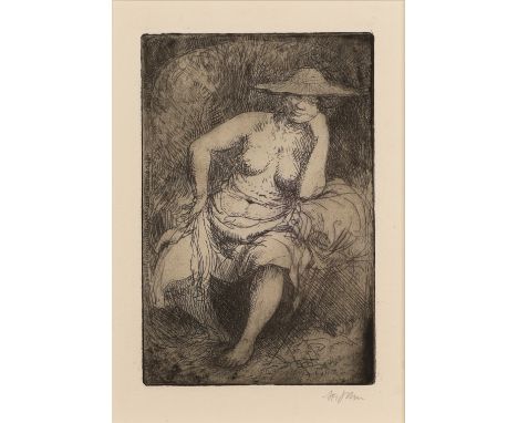 Augustus John OM RA, British 1878-1961,The Woman in the Arbour, 1906;monochrome etching on wove,  signed in pencil and number