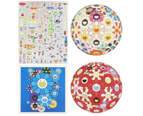 Takashi Murakami,&nbsp;Japanese b.1962-&nbsp;Blue Velvet and Rose Velvet, 2020; Posi Mushrooms, 2015; Flower Ball, 2015; Flow