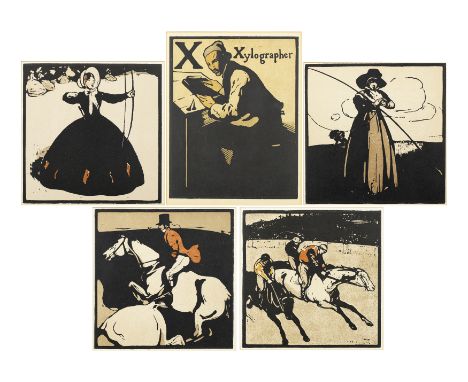 Sir William Nicholson, British 1872-1949,Horse Racing; Hunting; Archery; Fishing; X for Xylographer;five lithographs in colou