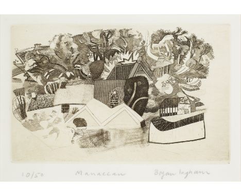 Bryan Ingham,&nbsp;British 1936-1997,&nbsp;Manaccan, 1976;&nbsp;etching on wove,&nbsp;signed, titled and numbered 10/50 in pe