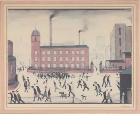 Laurence Stephen Lowry RBA RA, British 1887-1976,Mill Scene, 1972, offset lithograph in colours on wove,  signed in pencil an