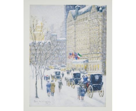 Guy Arthur Wiggins,  American 1920-2020,Winter at the Plaza hotel, New York;lithographic print after the painting, printed by