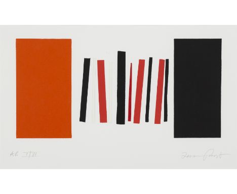 Sir Terry Frost RA,  British 1915-2003,Red and Black Squeeze with Three Collage Elements (with red and black block end), 2001