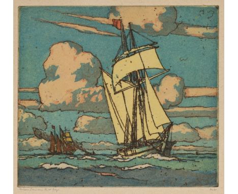 Nelson Ethelred Dawson NEA RBA RE ARWS,&nbsp;British 1859-1941,&nbsp;Two Sailboats at High Sea,&nbsp;etching in colours on pa
