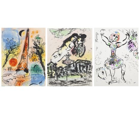 After Marc Chagall,  French 1887-1985,Vision de Paris, 1960; La Jongleuse (The Juggler) 1960; Le Ciel des Amoureux, 1963;thre