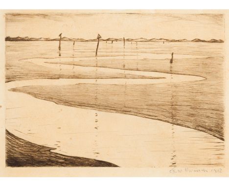 Christopher Richard Wynne Nevinson ARA,  British 1889-1946,   The Estuary (Black 50), 1918;   drypoint printed in bistre on c