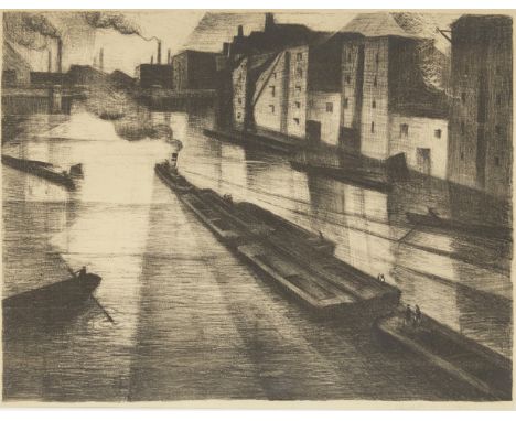 Christopher Richard Wynne Nevinson ARA,  British 1889-1946,   Dawn at Southwark, 1917;   monochrome lithograph on wove,  sign