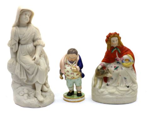 A Derby porcelain figure,late 19th century, depicting a man in a blue overcoat with a pipe at his feet, painted marks,12cm hi