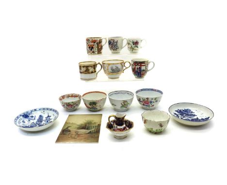 A collection of 18th and 19th century English porcelain,comprising a Chelsea tea bowl, with raised leaf decoration, red ancho