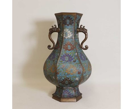 A Japanese cloisonné vase,Meiji period (1868-1912), of hexagonal form, the pear-shaped body rising from an everted foot to a 