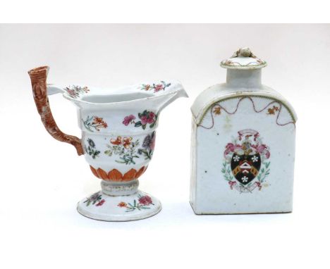 A Chinese export famille rose armorial tea caddy,18th century, of rectangular form with a rounded shoulder, painted with the 