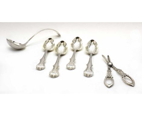 A quantity of silver plated flatware,to include a large ladle, asparagus tongs with an ivorine handle, grape scissors, a set 