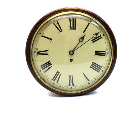 A Victorian mahogany wall clock,the circular painted dial with Roman numerals enclosing a single fusee movement, 36cm diamete