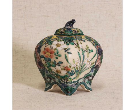 A Japanese Ko-kutani koro and cover,Meiji period (1868-1912), of lozenge form on four flared shaped feet, painted with floret