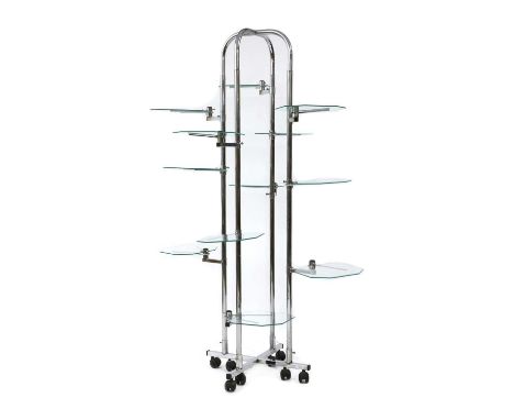 A French chrome and glass display stand,1970s, with twelve adjustable mounts, each fitted with octagonal glass shelves, each 