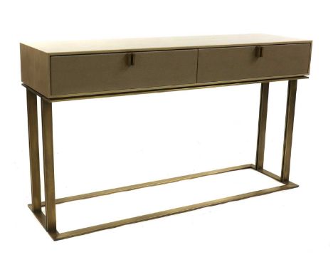 A contemporary console table of recent manufacture, the green stained sycamore rectangular top above two faux shagreen frieze