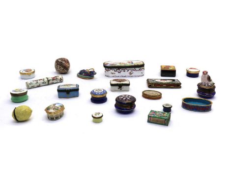 A collection of novelty enamel boxes,to include a painted Continental enamel box, 18th century, decorated with shipping and f