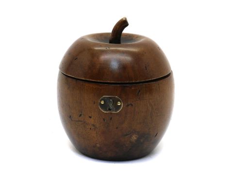 A Georgian style fruitwood tea caddy,early 20th century, in the form of an apple, with patinated brass escutcheons, internall