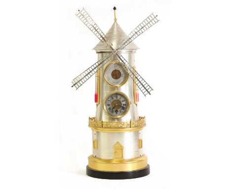 An industrial automaton windmill clock,late 20th century, after a design of Guilmet, the silvered and gilt brass case in the 