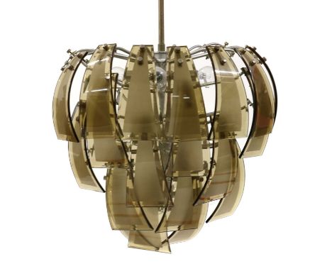 A contemporary ceiling light, c.2000, the metal central column fitted with graduating smoked glass shades,97cm high44cm diame