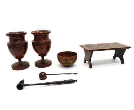 A collection of treen items,comprising a rosewood candle snuffer, 25cm long, a toddy ladle, with a twisted baleen handle, 19.