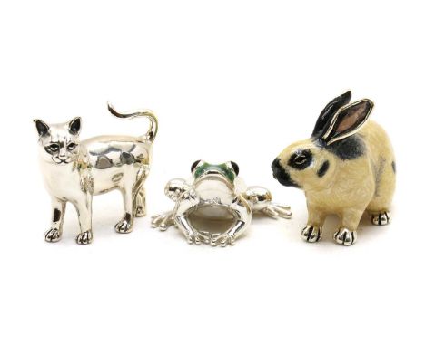 A collection of three novelty silver and enamel figures,London 2011, 2017 and 2019, modelled as a frog, a rabbit and a cat,la