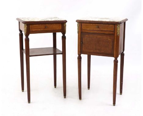 A near pair of French mahogany bedside tables,c.1900, with inlaid border decoration and marble tops, one with a cupboard, the