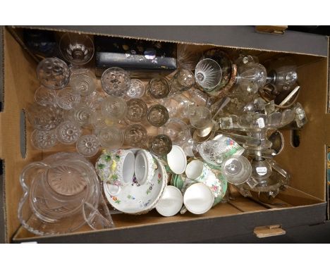 A German porcelain floral encrusted cabinet cup and cover with two saucers, to/w various antique and other glassware, two cut