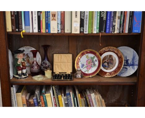 A Royal Doulton Toby jug no 8074, two Bohemian glass vases, five decorative cabinet plates, cased cake forks, Bavarian vessel