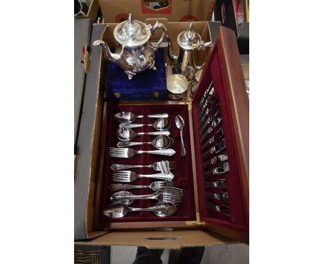 A canteen of stainless steel Dubarry pattern flatware (little used) to/w a pair of ivory handled electroplated fish servers, 