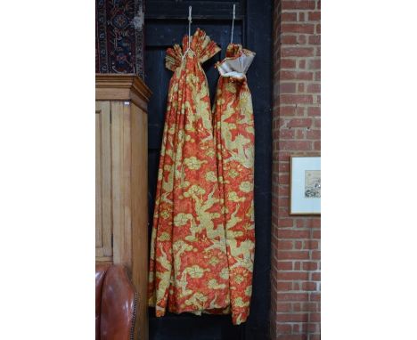 A pair of country house lined and interlined curtains, featuring yellow dragons on coral ground, 155 cm wide, 195 cm drop&nbs