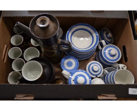 A small collection of blue-striped Cornishware some by T G Green to/w a 1960s coffee set in the manner of Midwinter with roun