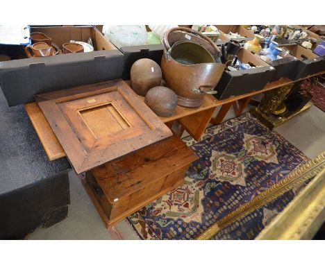 An unusually large copper coal helmet, to/w a brass preserve-pan, two wooden hat-moulds, two oil lamps and a stained pine pic