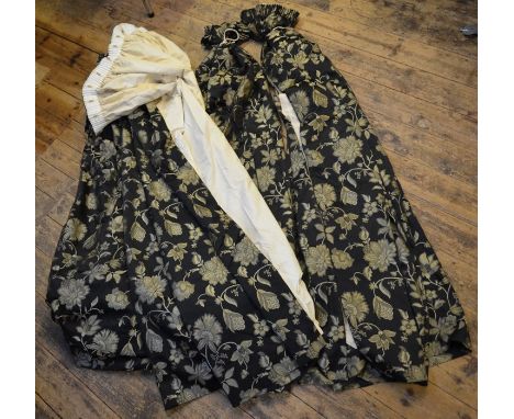 Four fully lined curtains in black damask with gold thread flowers, 210 cm drop 310 cm wide (bottom edge), 160 cm top width