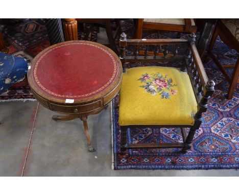 An early 20th century oak framed corner chair with floral tapestry seat and turned supports with stretcher, to/w a small maho