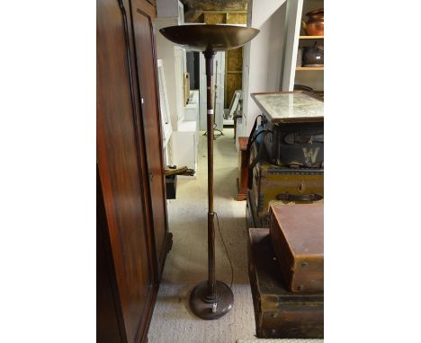 An Art Deco uplighter floor lamp with domed metal shade, turned mahogany column on a circular platform base&nbsp;