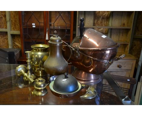 An antique copper coal scuttle with swing handle c/w shovel to/w small quantity of brassware including candlesticks, vase etc