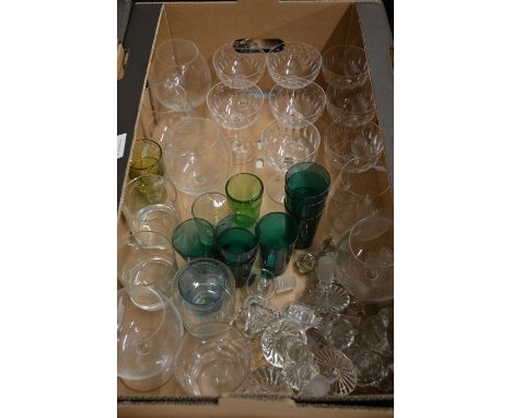 Seven Victorian green glass beakers, eight various cut glass champagne saucers, six brandy balloons, various antique decanter