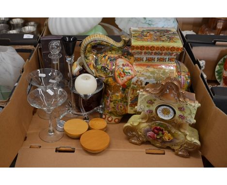 An Asian pottery decorative elephant plant stand, a pottery clock and various other decorative china and glassware (box)Pleas